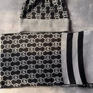 Michael Kors Black and Gray Monogram Hat and Scarf Set